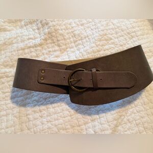 Wide grey Leather Waist Belt with Round Brass Buckle